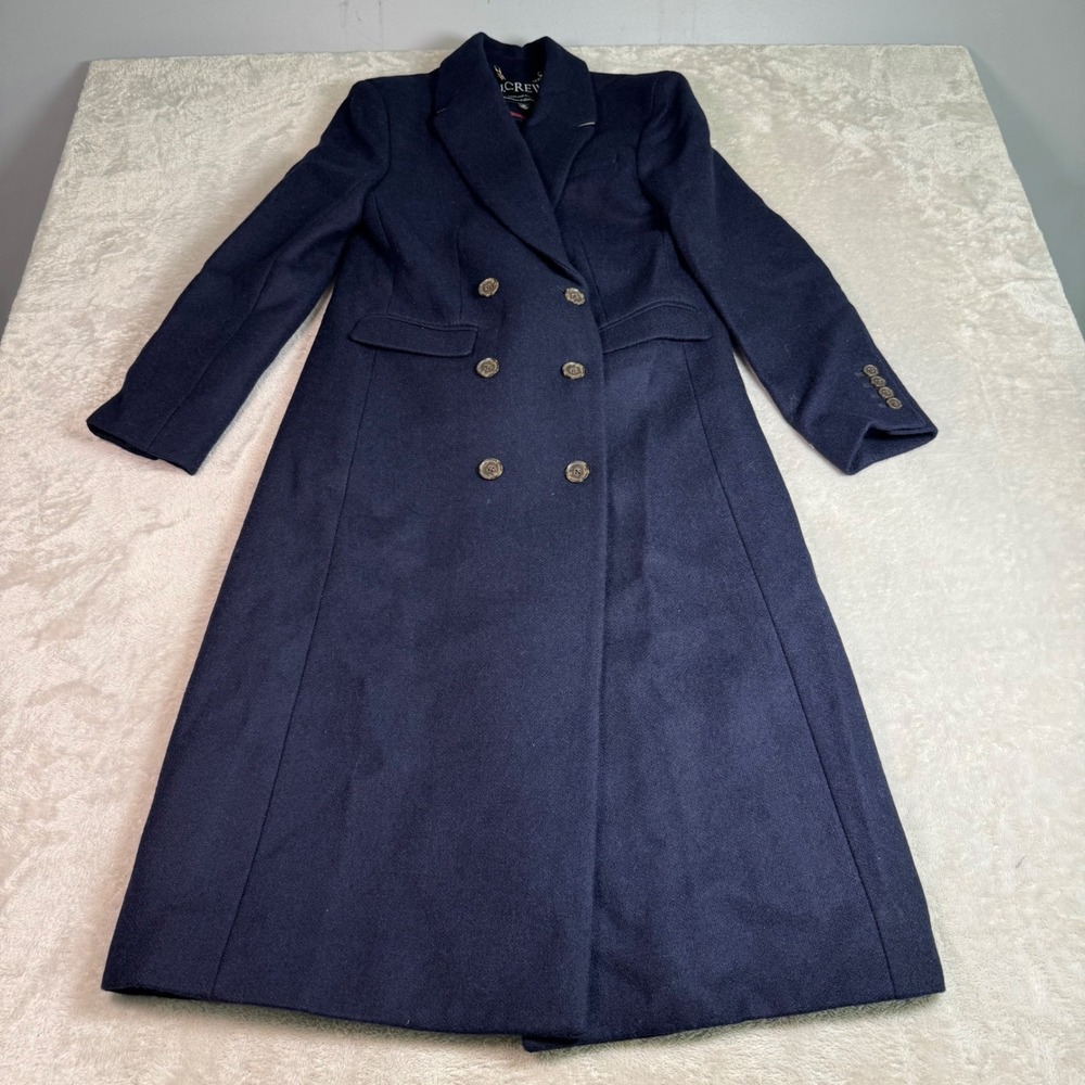 J Crew Womens 00 Italian Virgin Wool Melton Double-Breasted Long Coat Navy Blue